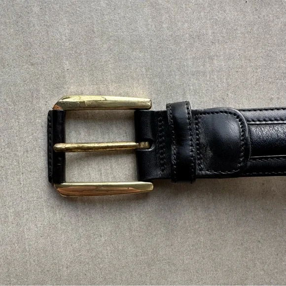 Mezlan Black Leather Belt with Brass Buckle - 38